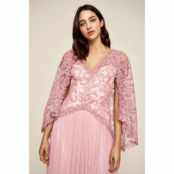 New! TADASHI SHOJI Women's Embroidered Lace Cape Gown Dress Rose Quartz Pink 4 - Picture 3 of 7